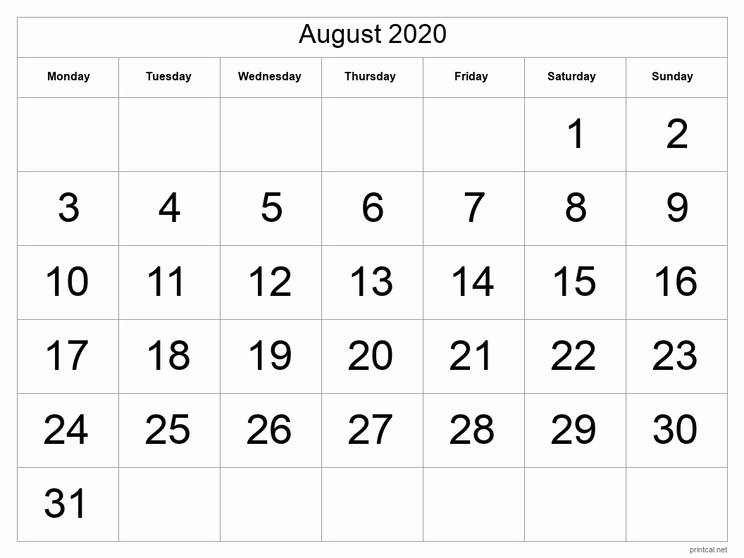 August 2020 Printable Calendar - Big Dates