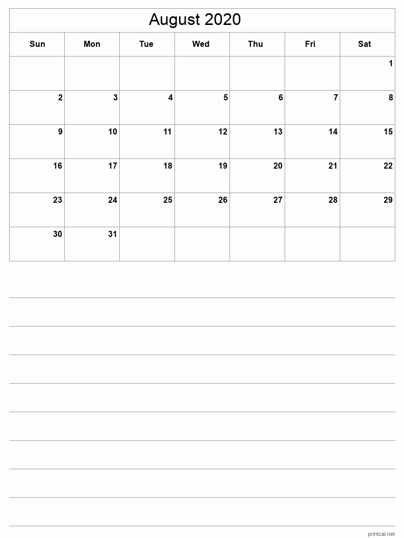 August 2020 Printable Calendar - Half-Page With Notesheet