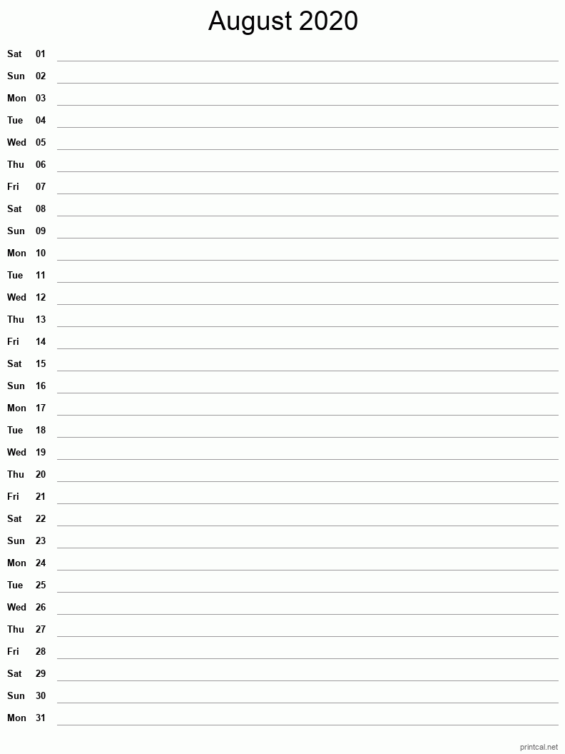 August 2020 Printable Calendar - Single Column Notesheet