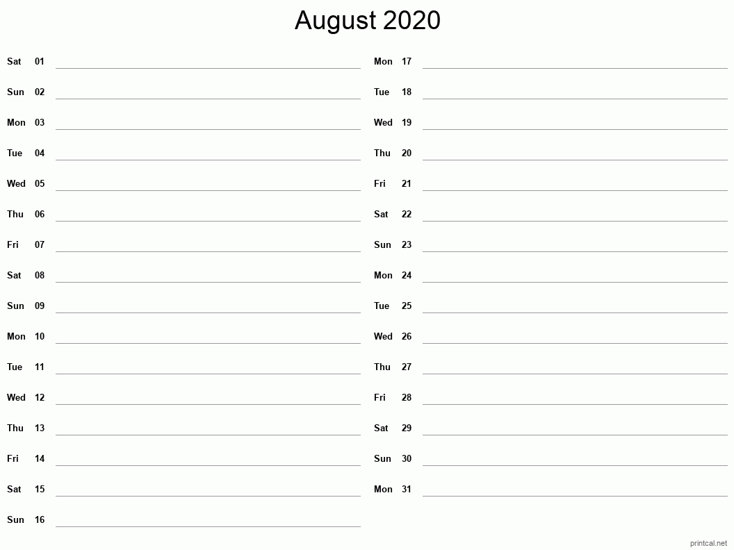 August 2020 Printable Calendar - Two Column Notesheet