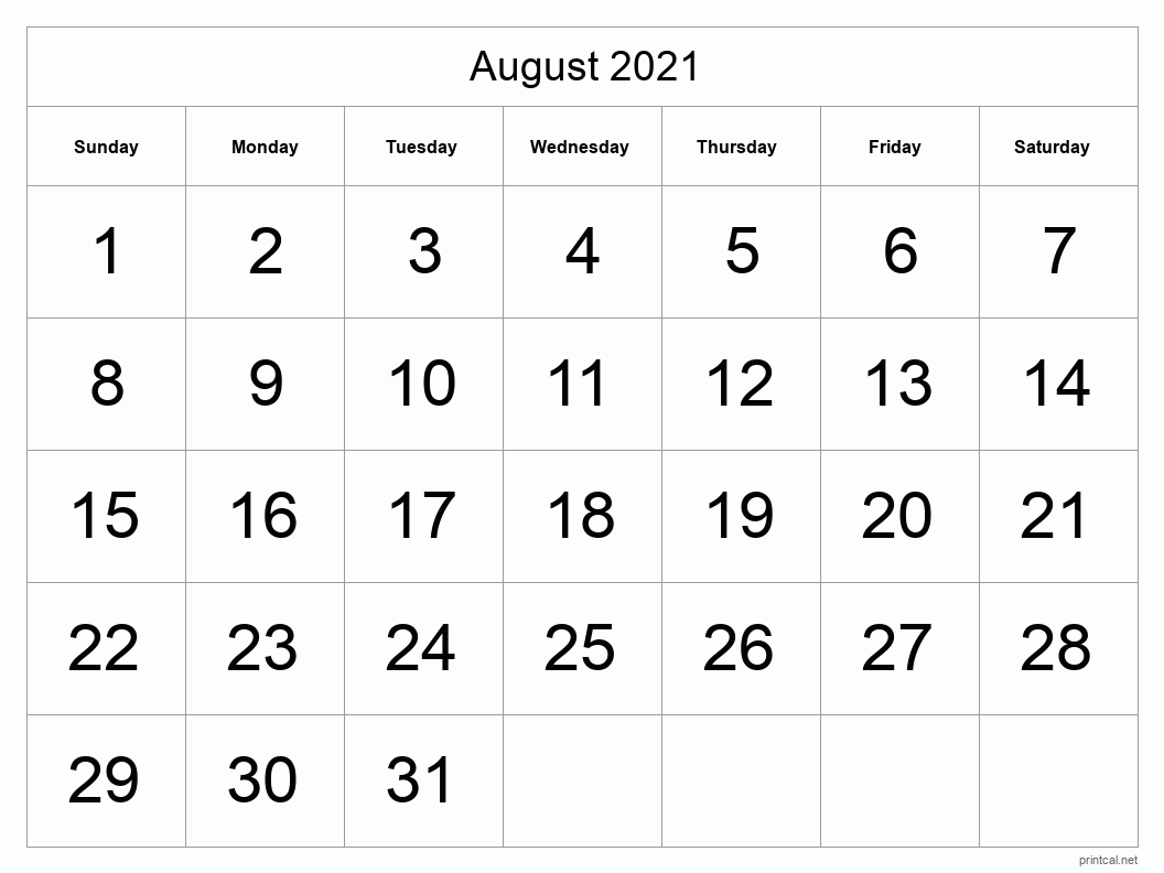 August 2021 Printable Calendar - Big Dates