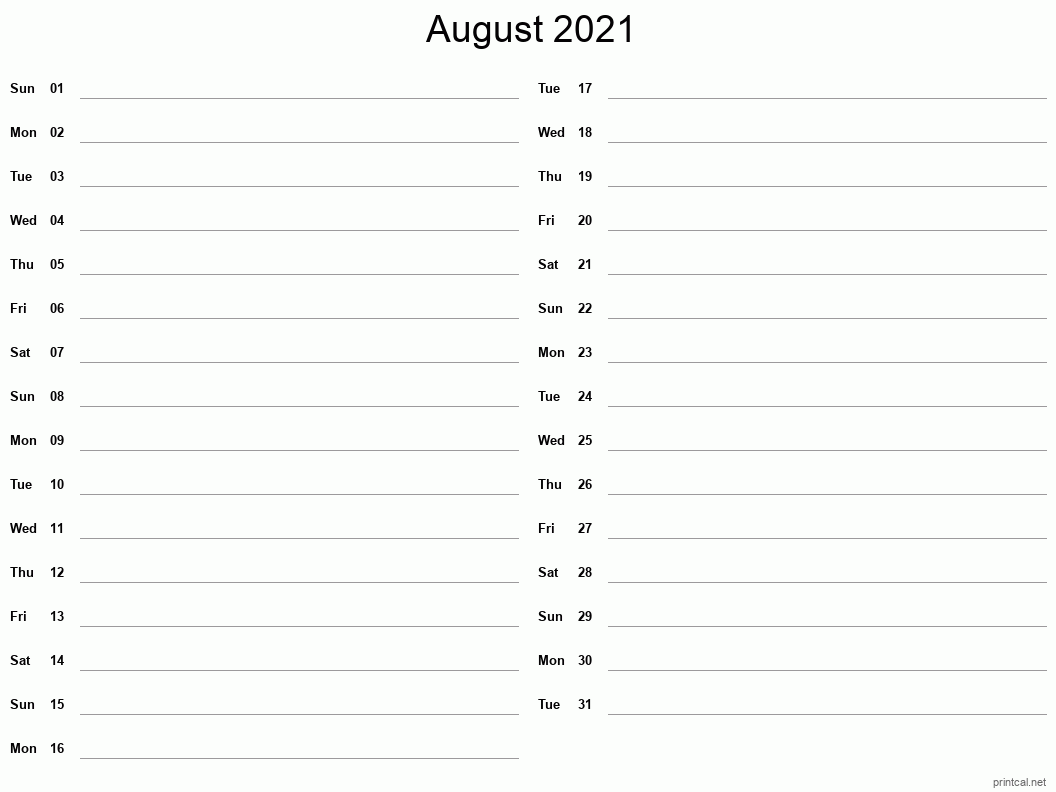 August 2021 Printable Calendar - Two Column Notesheet