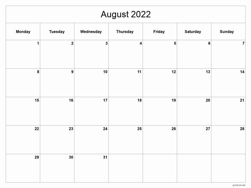 August 2022 Printable Calendar - Classic Blank Sheet