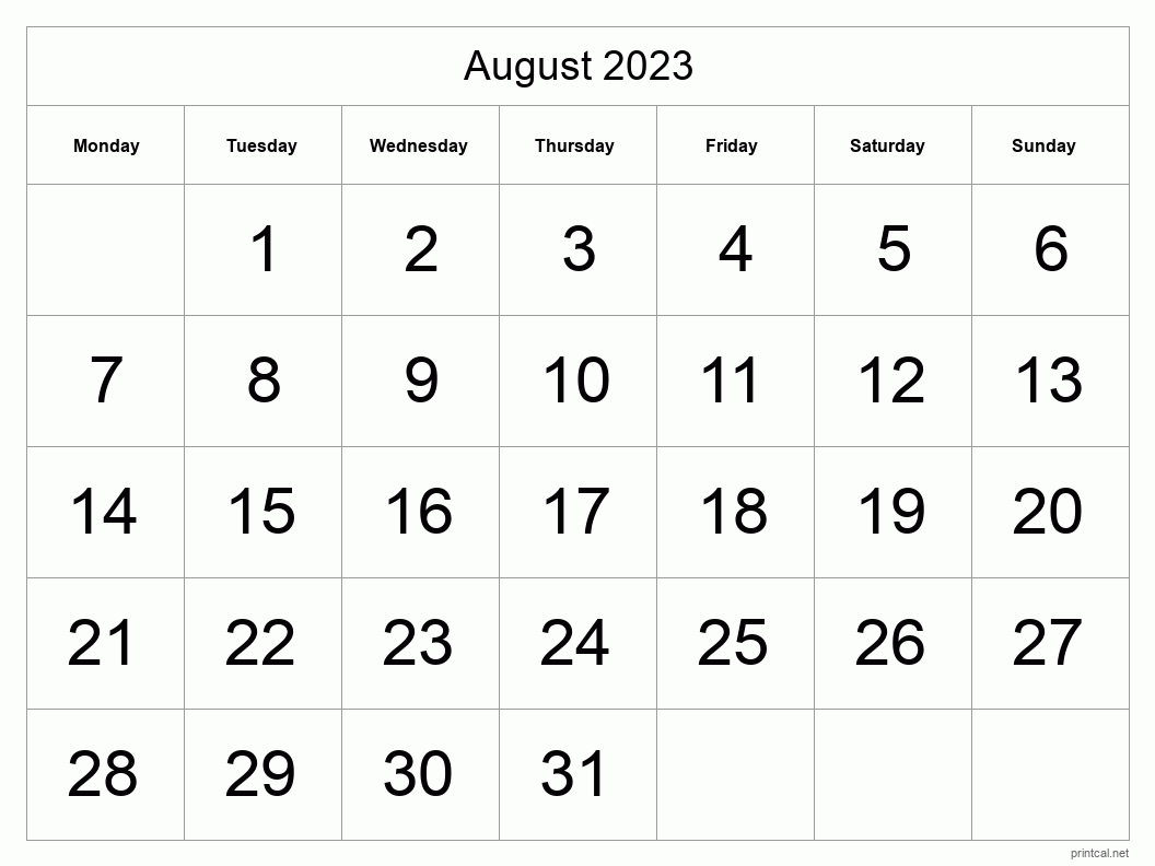 August 2023 Printable Calendar - Big Dates