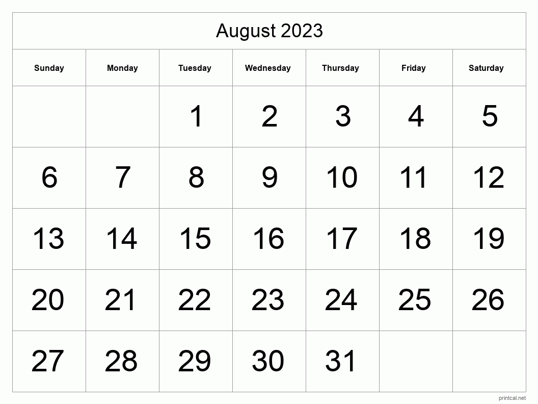 Printable August 2023 Calendar Big Dates 07A