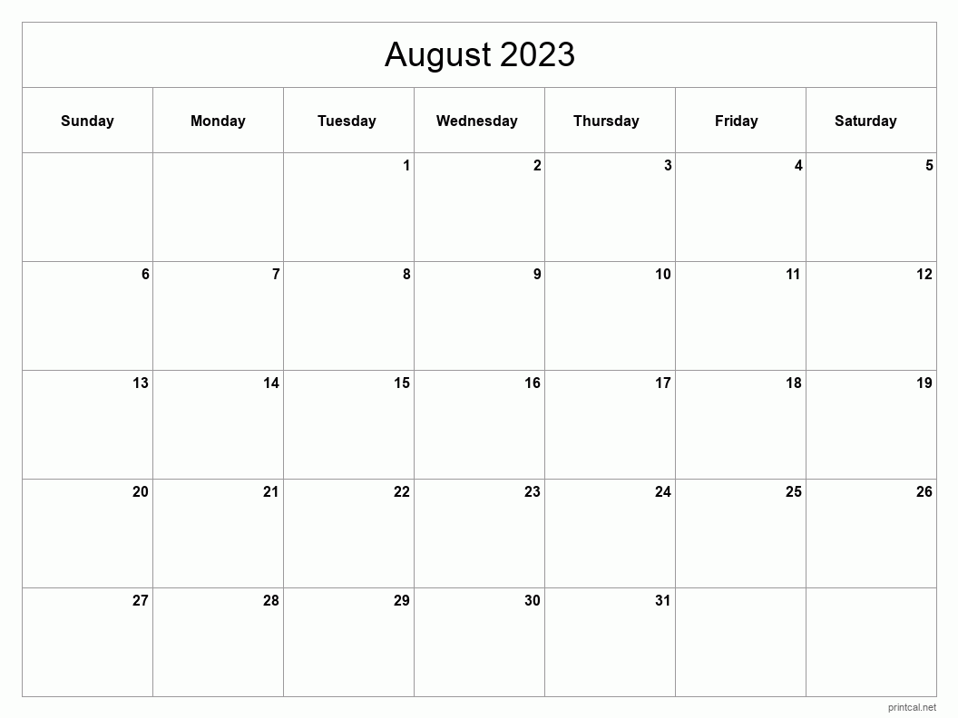 August 2023 Printable Calendar - Classic Blank Sheet