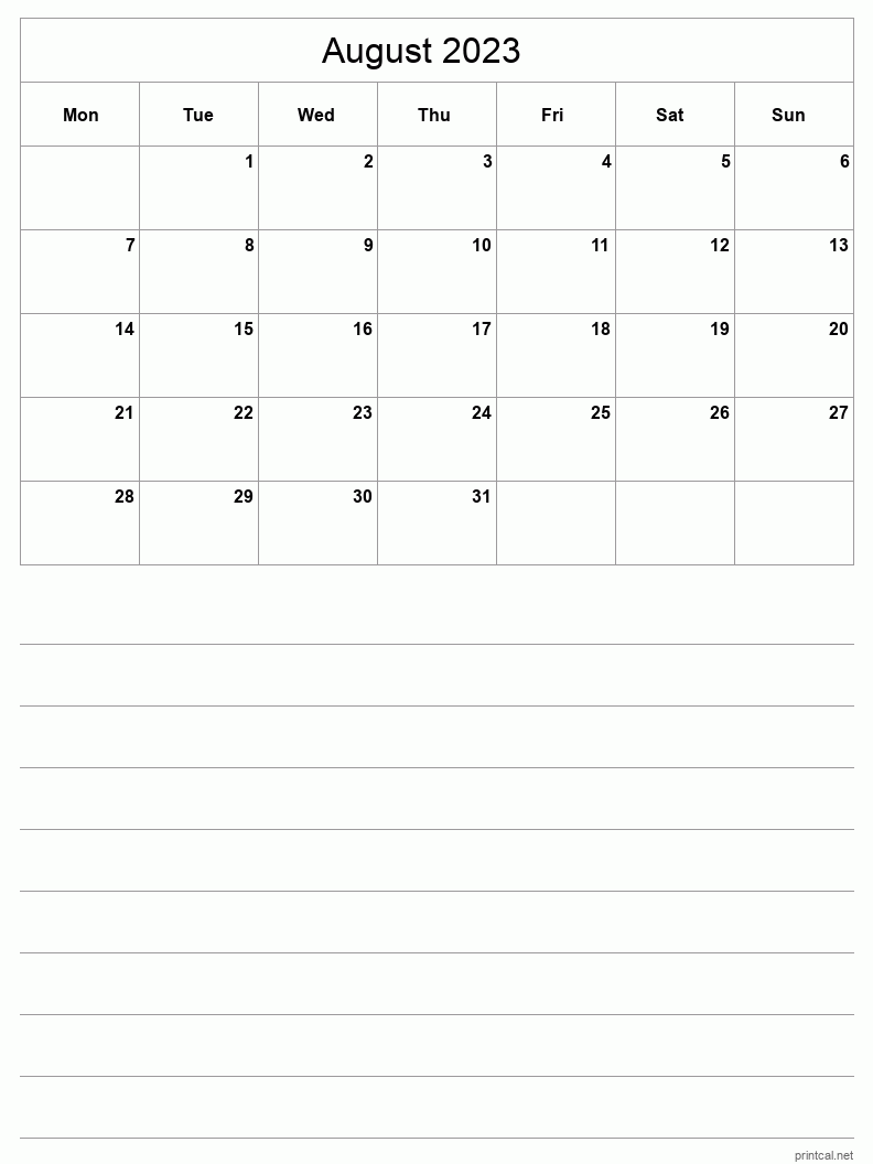 August 2023 Printable Calendar - Half-Page With Notesheet