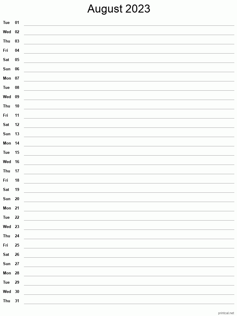 August 2023 Printable Calendar - Single Column Notesheet