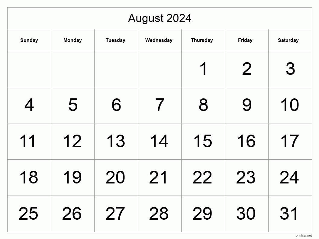 August 2024 Printable Calendar - Big Dates