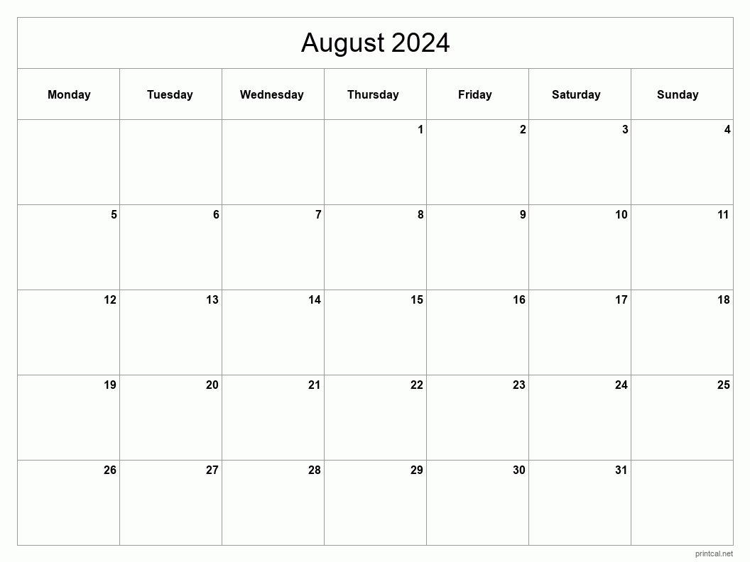 August 2024 Printable Calendar - Classic Blank Sheet