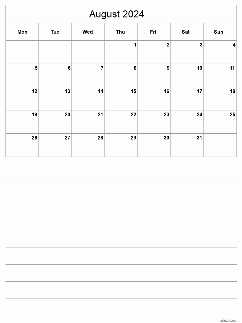August 2024 Printable Calendar - Half-Page With Notesheet