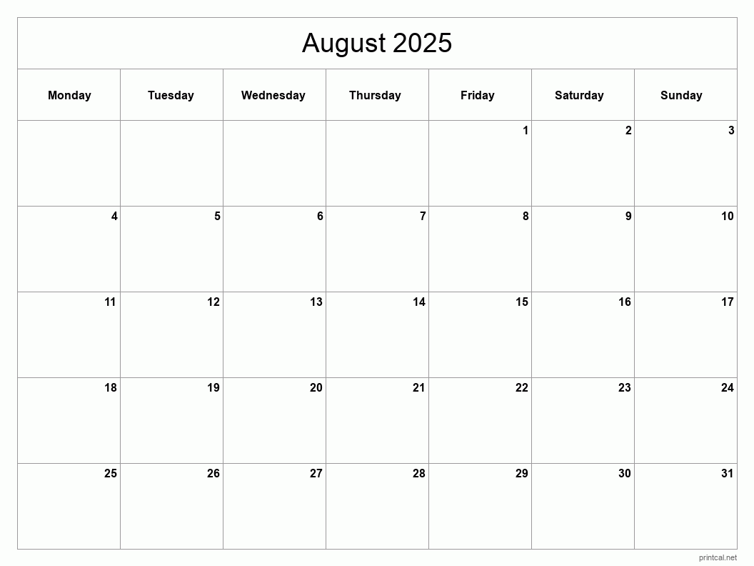 August 2025 Printable Calendar - Classic Blank Sheet