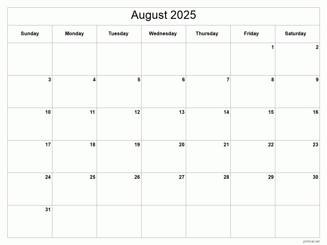 August 2025 Printable Calendar - Classic Blank Sheet
