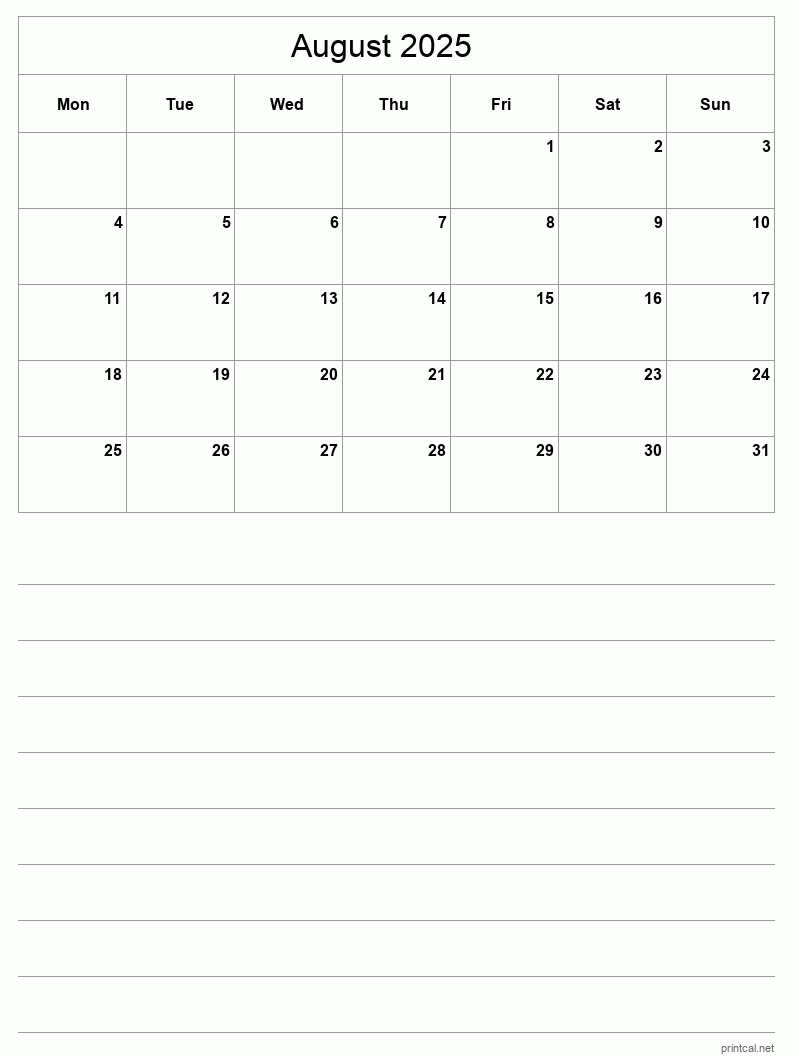 August 2025 Printable Calendar - Half-Page With Notesheet