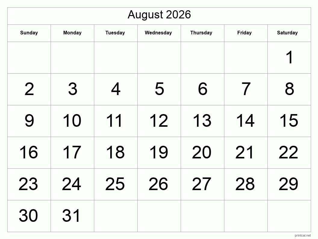 August 2026 Printable Calendar - Big Dates