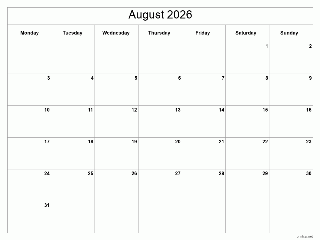 August 2026 Printable Calendar - Classic Blank Sheet