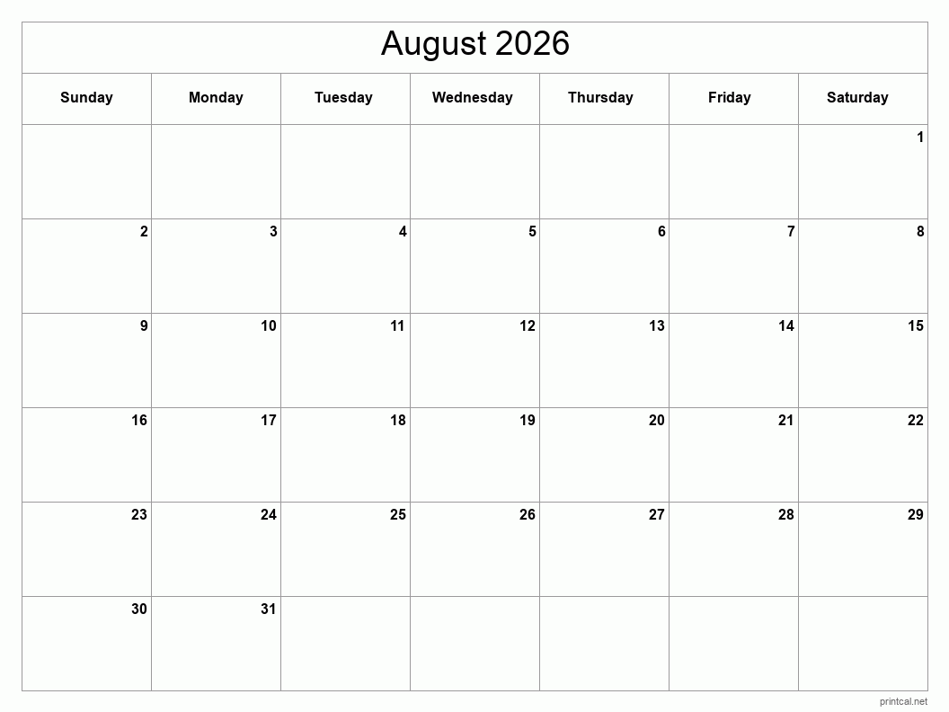 August 2026 Printable Calendar - Classic Blank Sheet