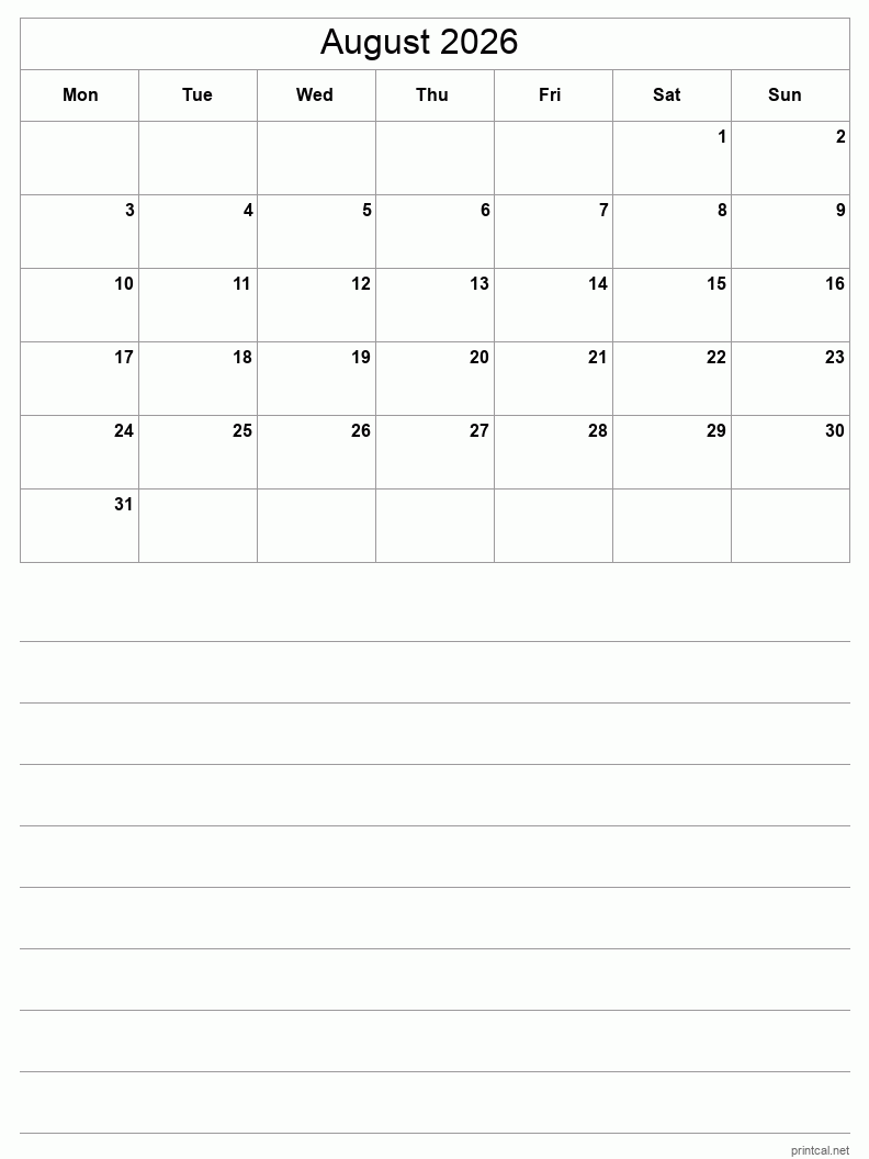 August 2026 Printable Calendar - Half-Page With Notesheet
