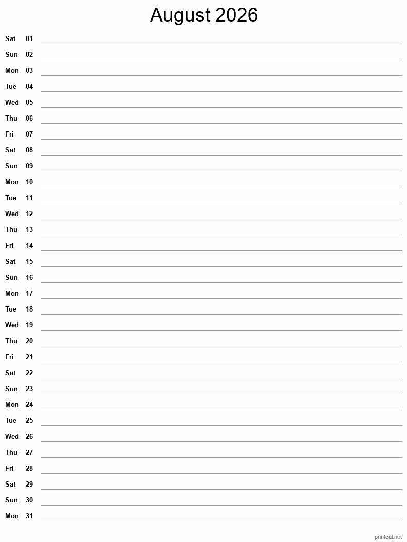 August 2026 Printable Calendar - Single Column Notesheet