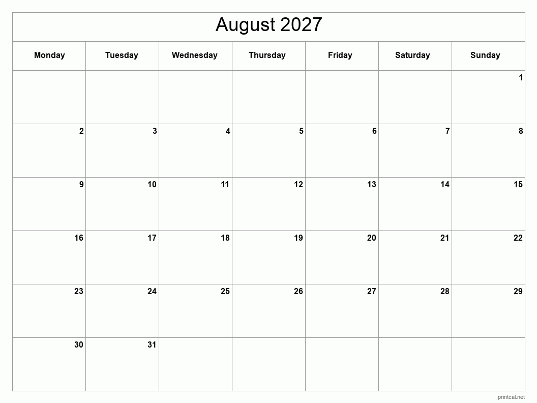 August 2027 Printable Calendar - Classic Blank Sheet