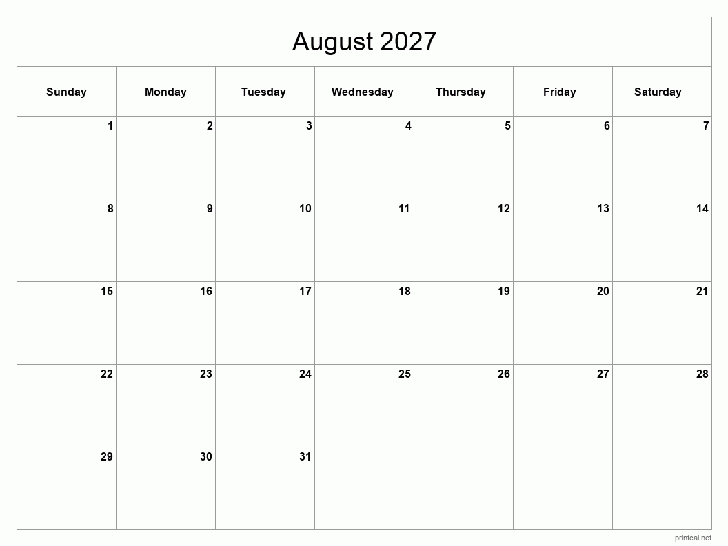 August 2027 Printable Calendar - Classic Blank Sheet