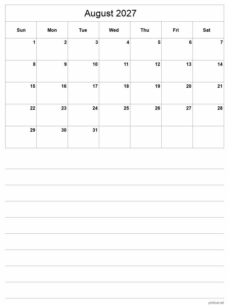 August 2027 Printable Calendar - Half-Page With Notesheet