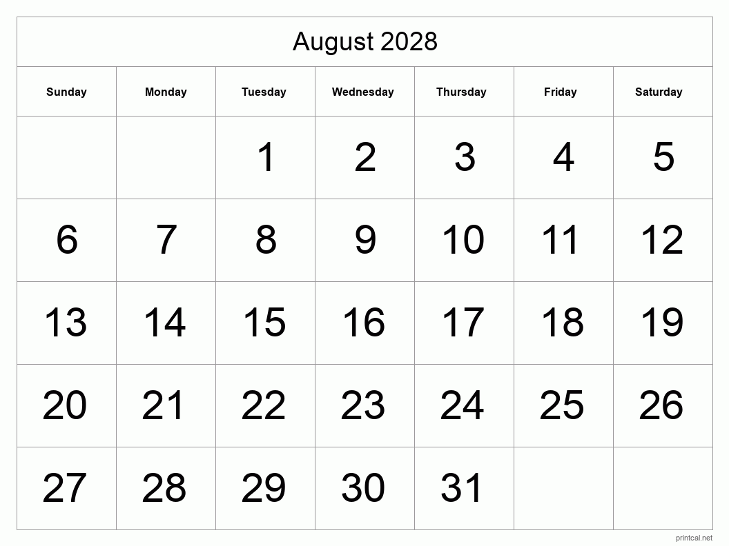 August 2028 Printable Calendar - Big Dates