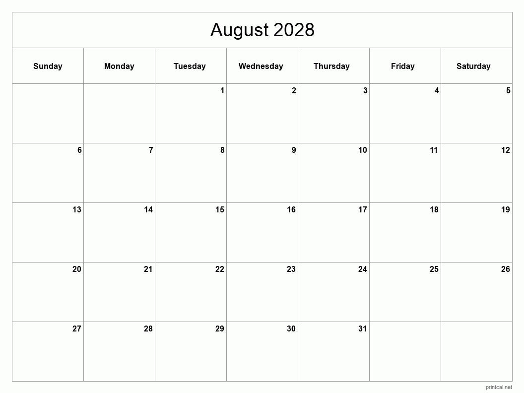 August 2028 Printable Calendar - Classic Blank Sheet