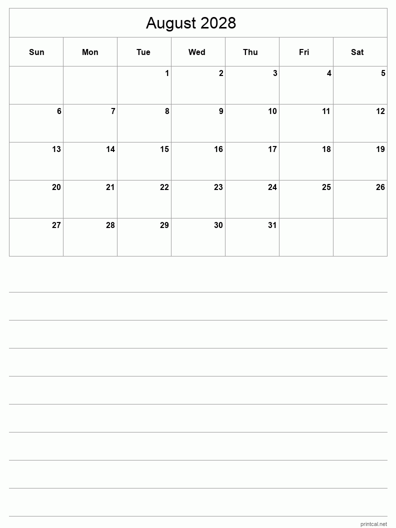 August 2028 Printable Calendar - Half-Page With Notesheet