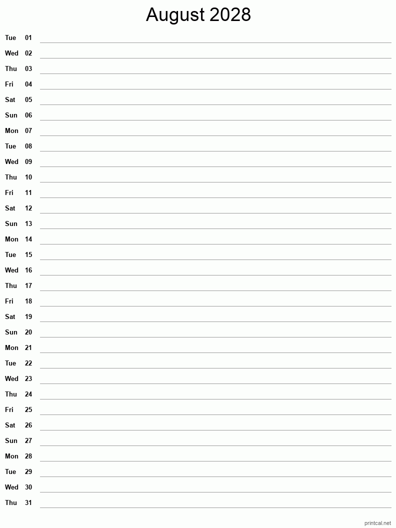 August 2028 Printable Calendar - Single Column Notesheet