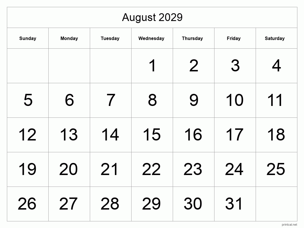 August 2029 Printable Calendar - Big Dates