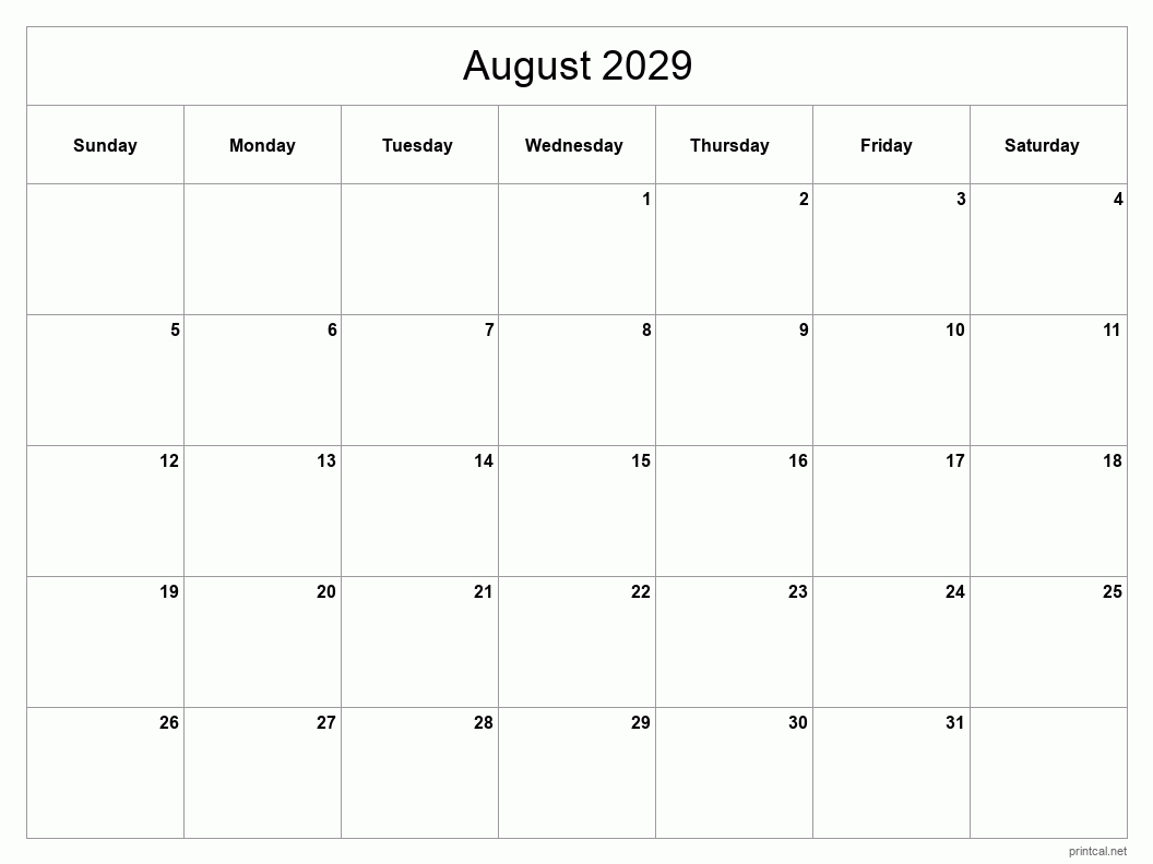 August 2029 Printable Calendar - Classic Blank Sheet