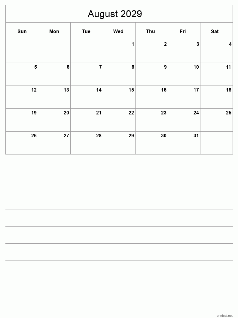 August 2029 Printable Calendar - Half-Page With Notesheet