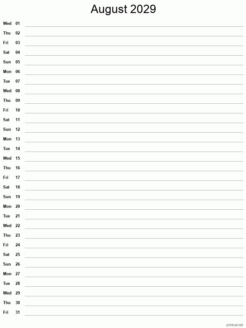 August 2029 Printable Calendar - Single Column Notesheet