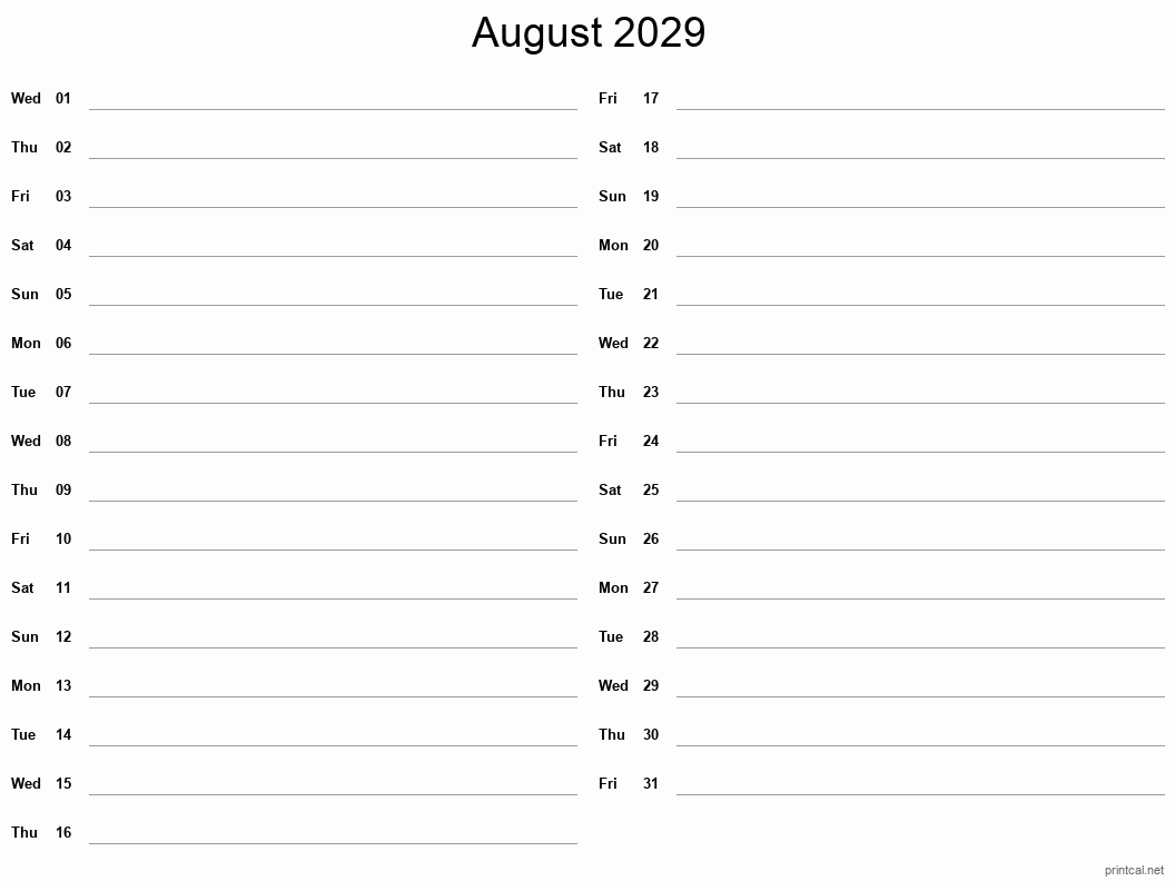August 2029 Printable Calendar - Two Column Notesheet