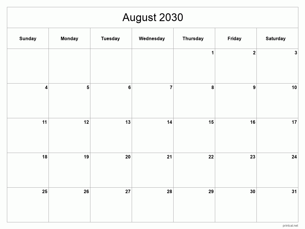 August 2030 Printable Calendar - Classic Blank Sheet