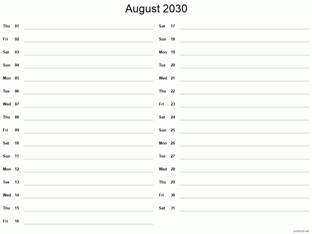 August 2030 Printable Calendar - Two Column Notesheet