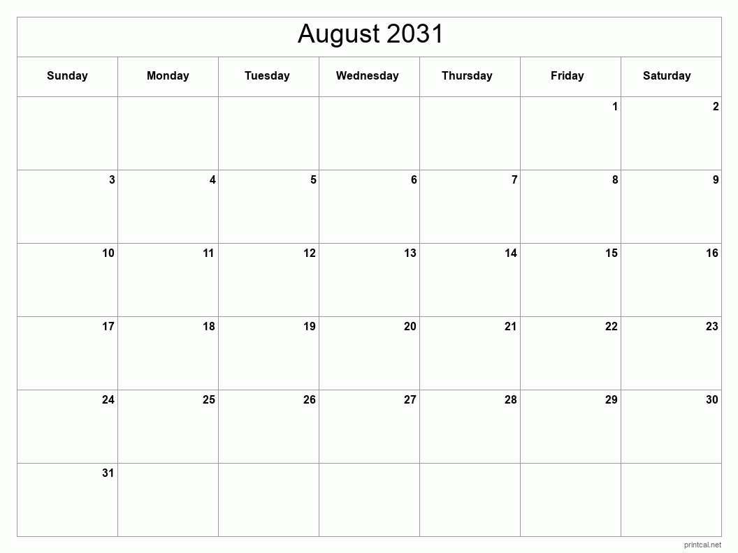 August 2031 Printable Calendar - Classic Blank Sheet