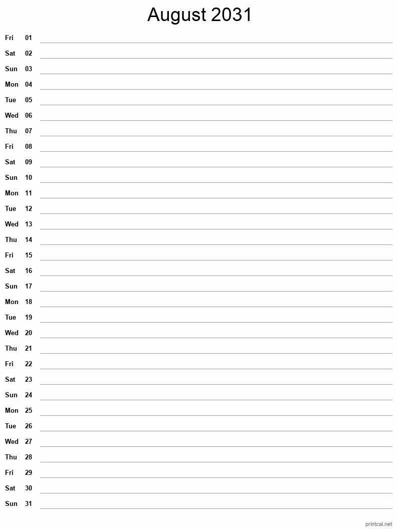 August 2031 Printable Calendar - Single Column Notesheet