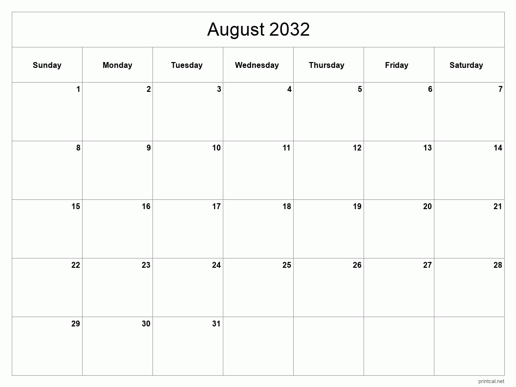 August 2032 Printable Calendar - Classic Blank Sheet