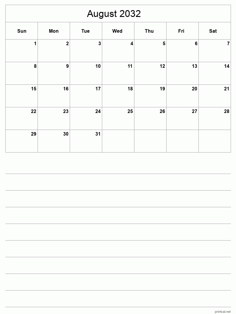 August 2032 Printable Calendar - Half-Page With Notesheet