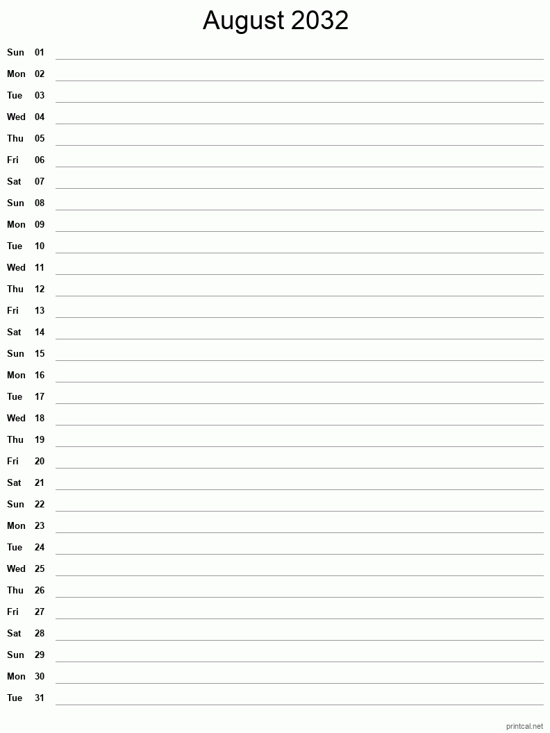 August 2032 Printable Calendar - Single Column Notesheet