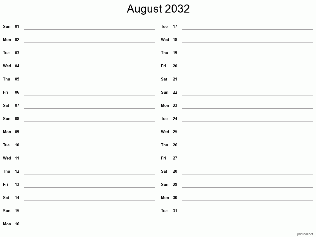 August 2032 Printable Calendar - Two Column Notesheet