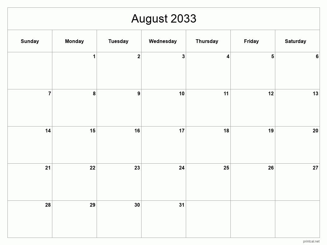August 2033 Printable Calendar - Classic Blank Sheet