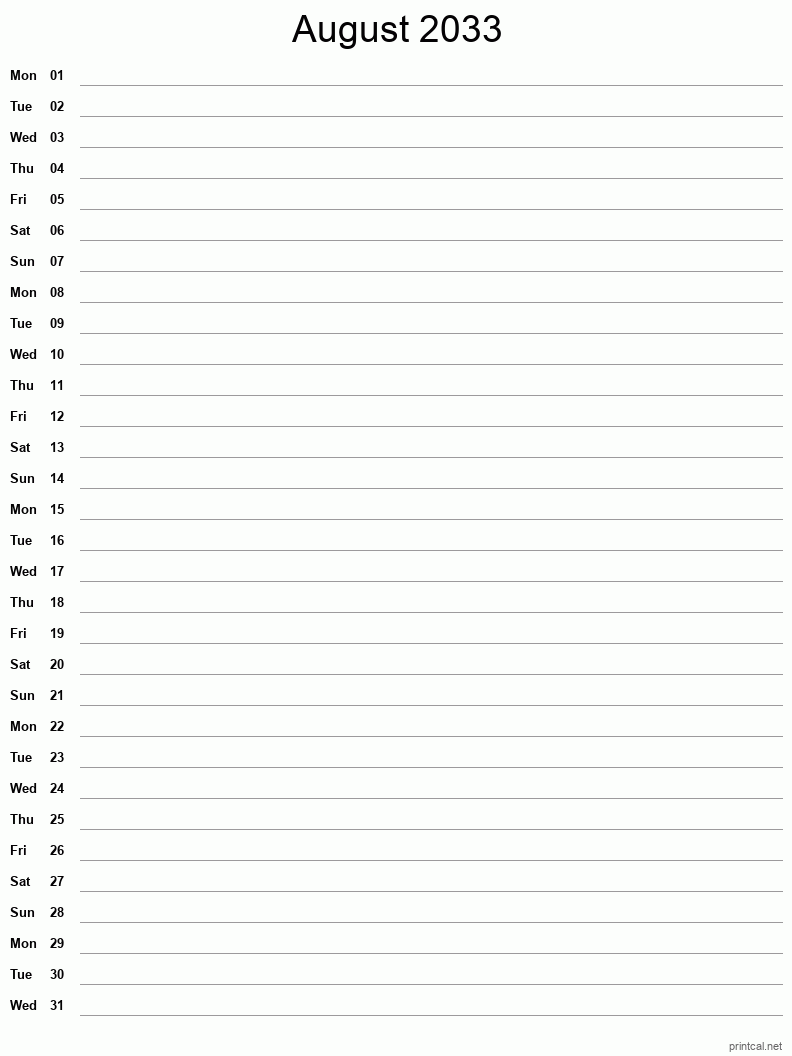 August 2033 Printable Calendar - Single Column Notesheet