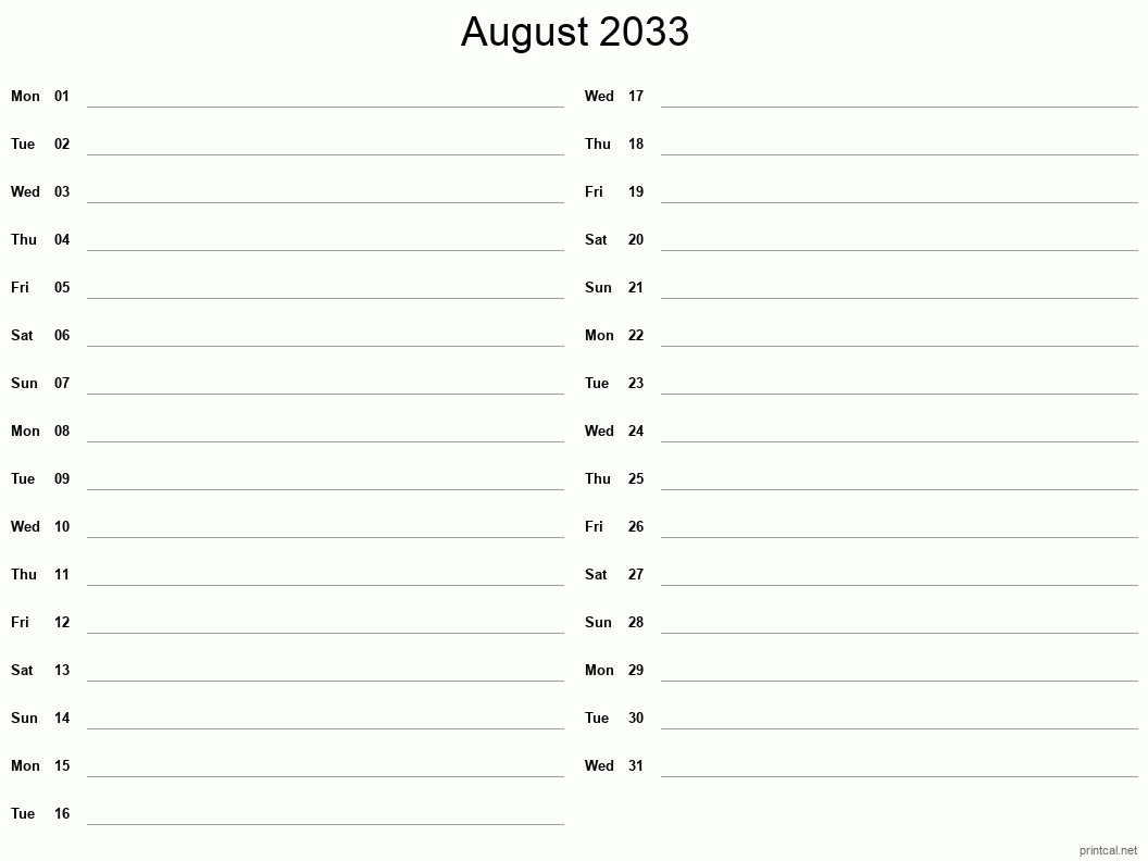 August 2033 Printable Calendar - Two Column Notesheet