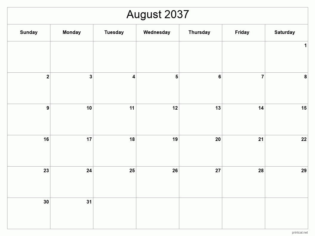 August 2037 Printable Calendar - Classic Blank Sheet