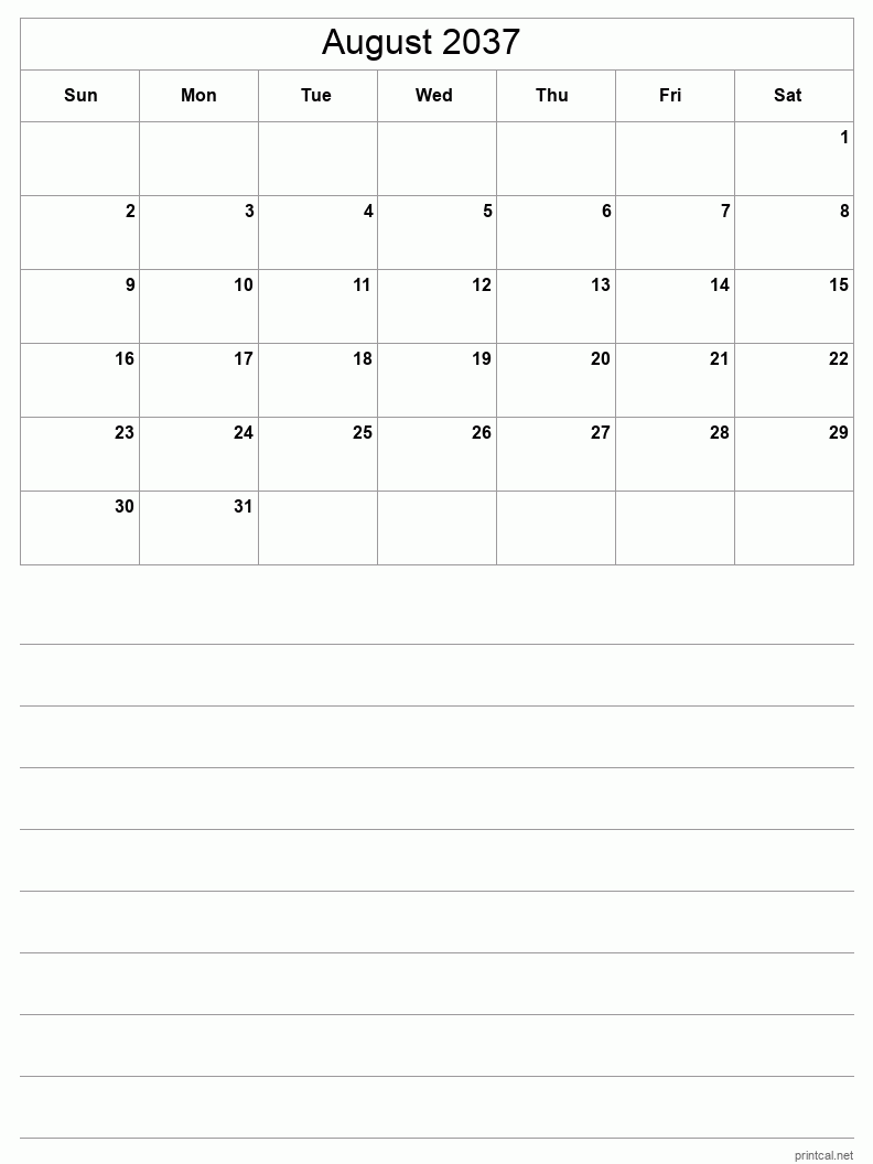 August 2037 Printable Calendar - Half-Page With Notesheet