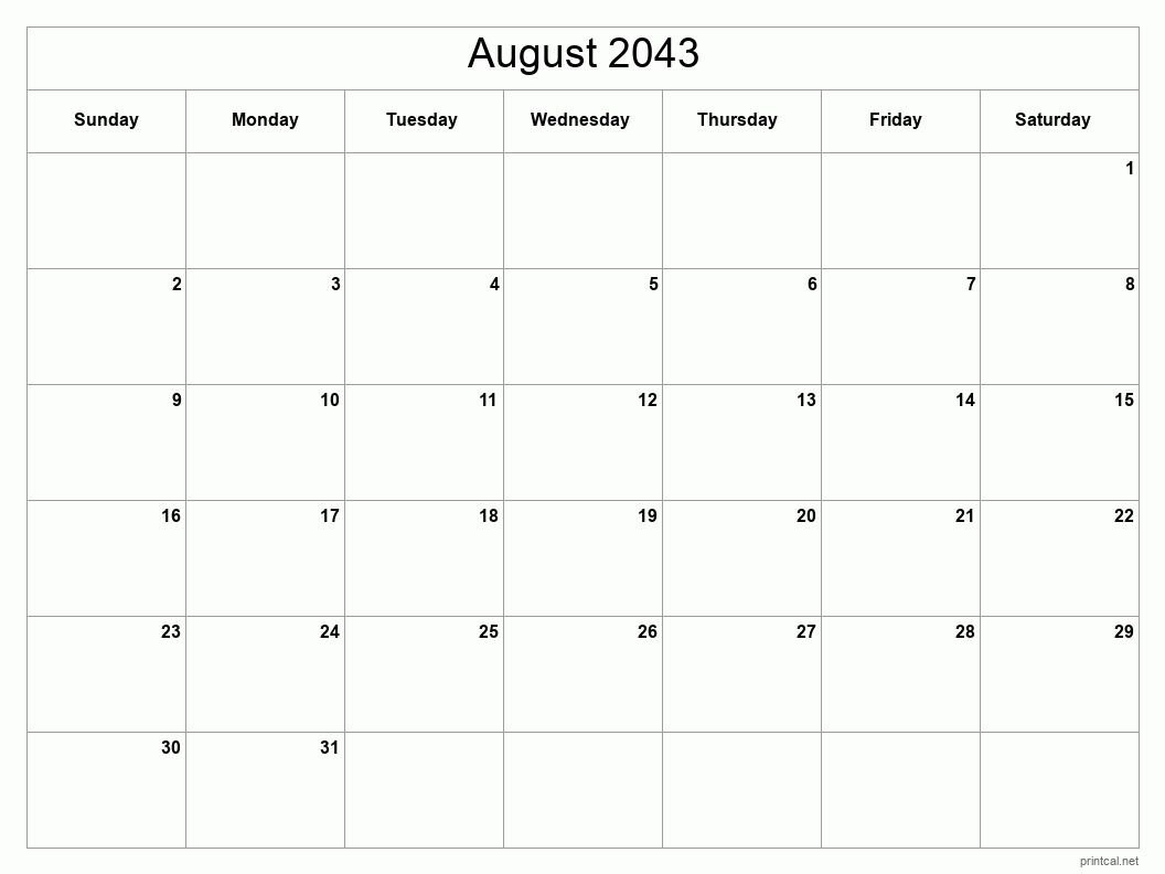 August 2043 Printable Calendar - Classic Blank Sheet