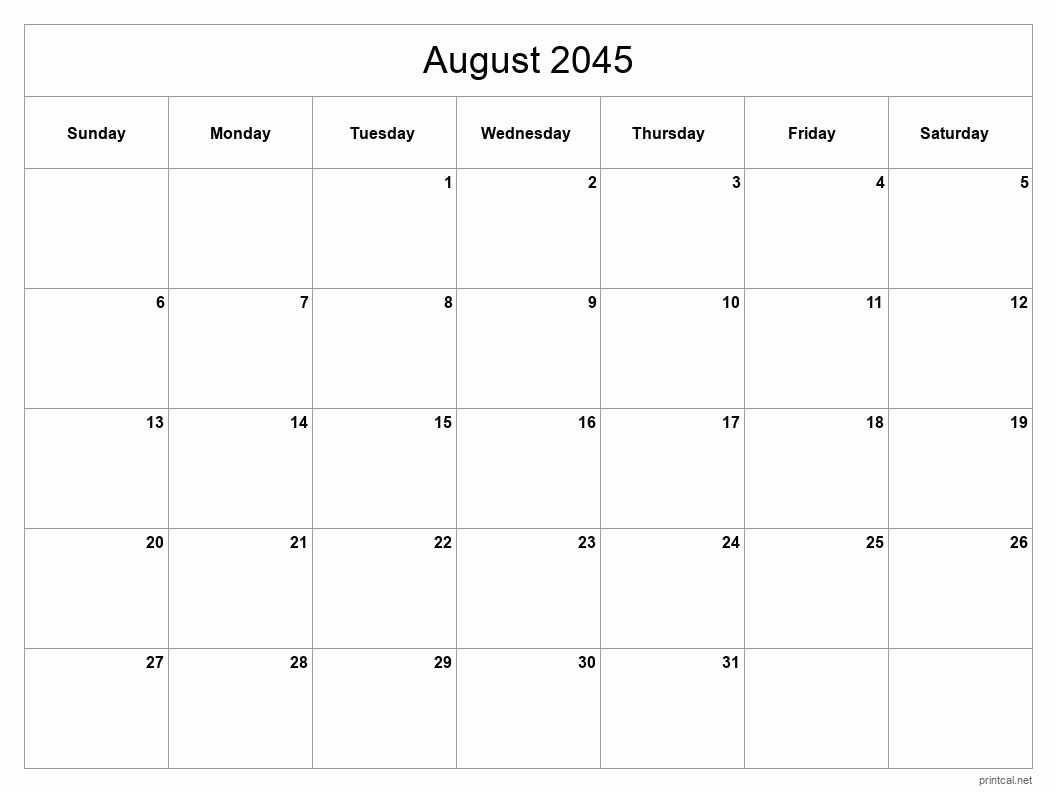 August 2045 Printable Calendar - Classic Blank Sheet